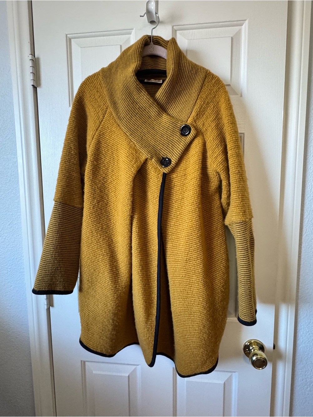 Women's Mustard Knit Shawl-Collar Trench Coat